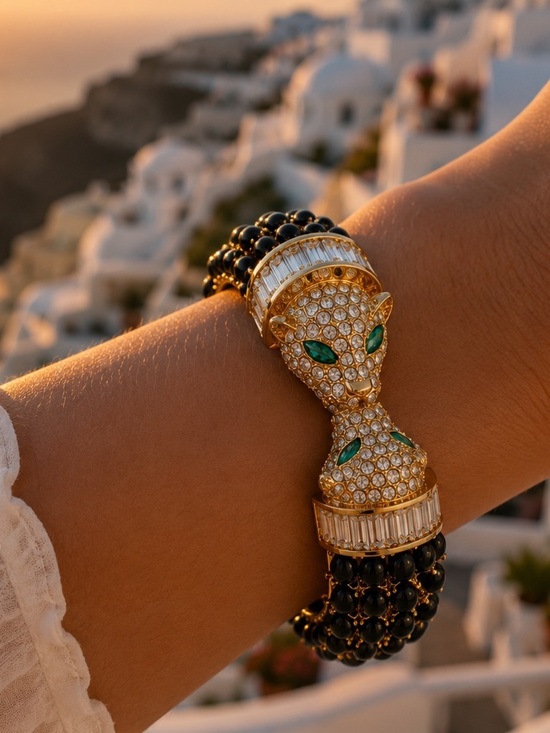 Anthropologie Jewelry - Luxury Panther Cuff Bracelet Black Crystal Gold Statement